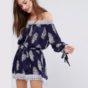 Faithful off the shoulder navy/white mini dress